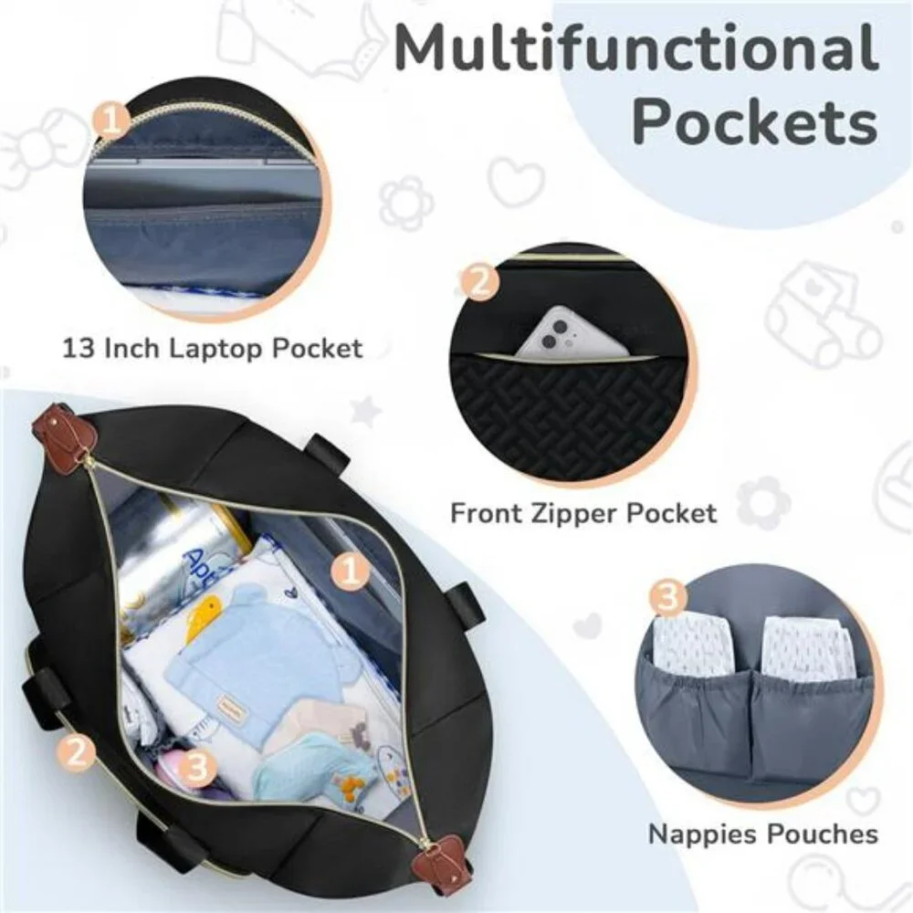 Black Diaper Bag Tote with Pacifier Case Insulated Pockets Travel Baby Hospital